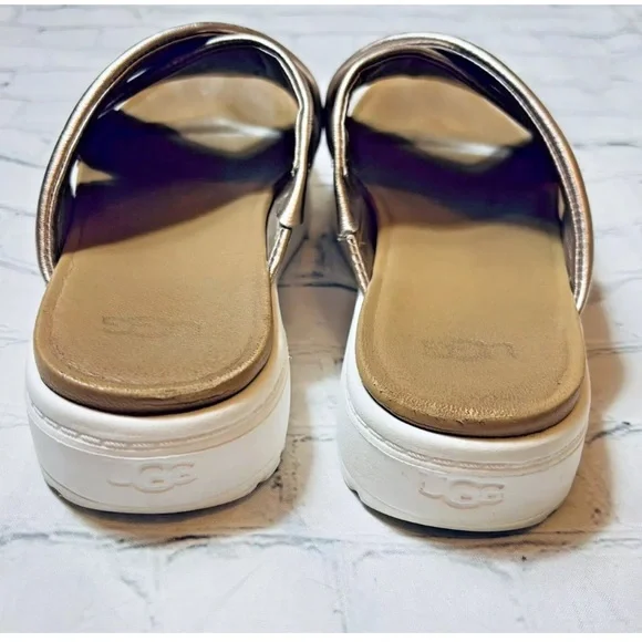 UGG Women Size 7.5 Zayne Crossband Rose Gold Metallic Slip On Platform Sandals - Picture 4 of 11